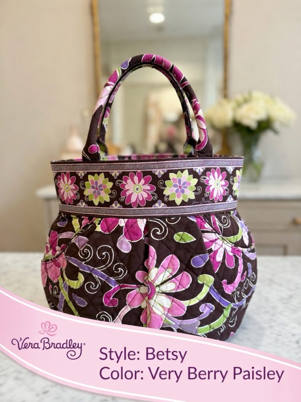 Vera Bradley ‘Betsy’ Tote Very Berry Paisley Retired Quilted Bag EUC